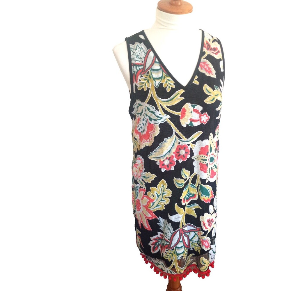 ENTRO Black Floral Sleeveless Mesh Dress with Ball Fringe Size Medium